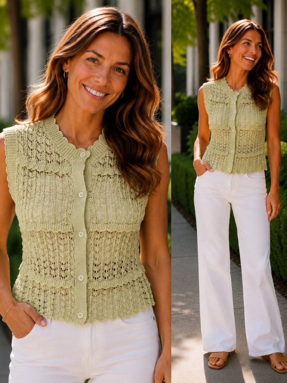 Dominique Sage Sleeveless Open Knit Top | Women's Summer Tank